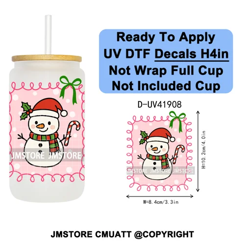 Preppy Christmas Stamps Xmas Card UV DTF Transfer Stickers Decals Ready To Apply Waterproof For 16OZ Libbey Glass Can Tumbler