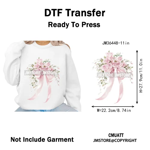 Pink Bow Silk Wedding Coquette Girl Ribbon Tied Printing Iron on DTF Thermal Transfers Stickers Ready to Press for Clothing Bags