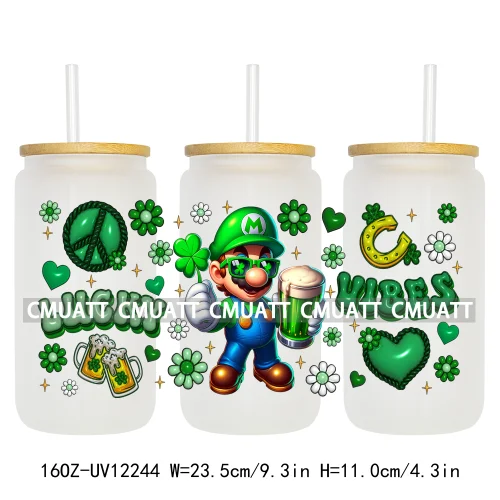 Happy St Patricks Cartoon Princess Characters Feeling Lucky Four Leaf Clover 16OZ UV DTF Cup Wrap Sticker For Libbey Glass Can