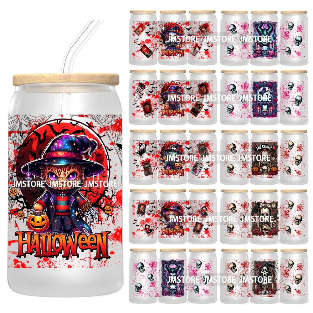 Horror Characters 16OZ UV Cup Wrap DTF Transfer Stickers For Libbey Glass Can Cups Tumbler Waterproof Labels Halloween Skull