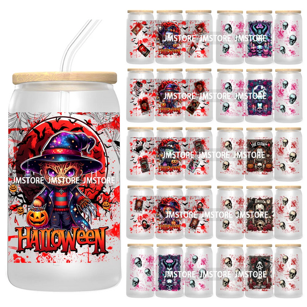 Horror Characters 16OZ UV Cup Wrap DTF Transfer Stickers For Libbey Glass Can Cups Tumbler Waterproof Labels Halloween Skull