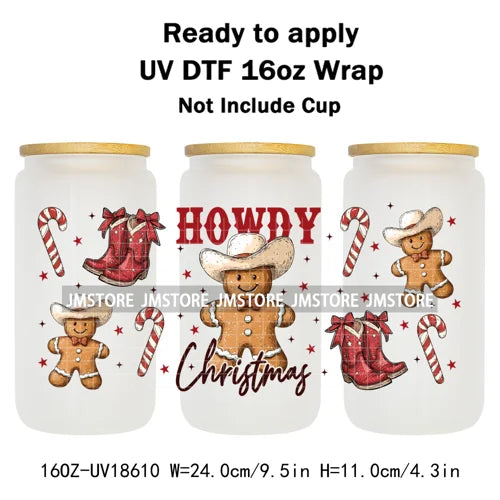 Howdy Christmas Western Highland Cow 16OZ UV DTF Cup Wraps Ready To Apply Waterproof Transfer Stickers For Libbey Glass Can