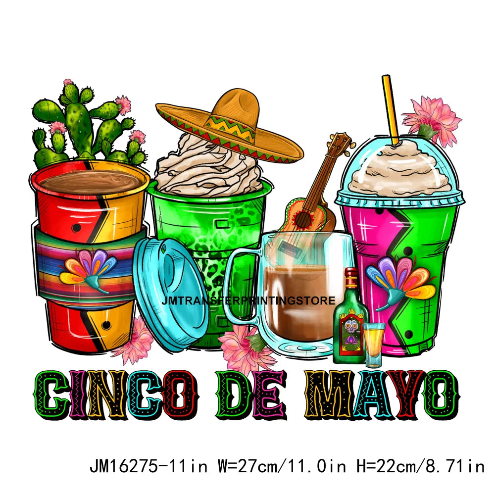 Peace Love Cafecito Cinco De Mayo Printing Decals Mexico Festival Culture Coffee Cup DTF Transfer Ready To Press For Bag Hoodies