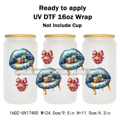 Coquette Bow Christmas Gift Lips UV DTF Stickers Xmas Season Candy Cane Ready To Transfer 16OZ Cup Wraps For Libbey Can Glass