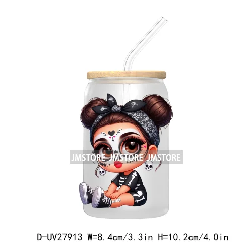 Halloween Skeleton Latina Chibi Baby UV DTF Transfer Stickers Decals For Libbey Cold Cups Mug Tumbler Waterproof Labels Princess