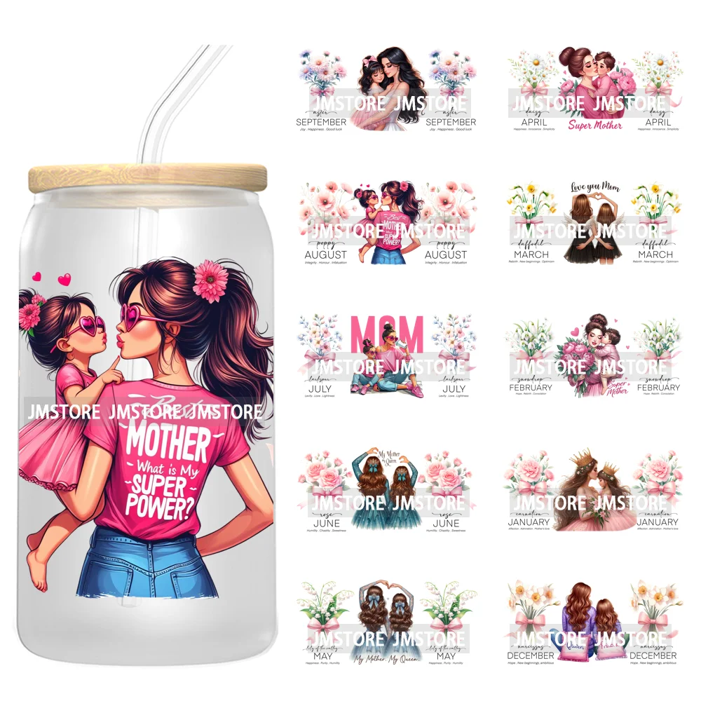 Floral Mama Coquette Mother's Day Birth Month Flower 16OZ UV DTF Cup Wrap Transfer Stickers Waterproof Logo For Libbey Glass Can