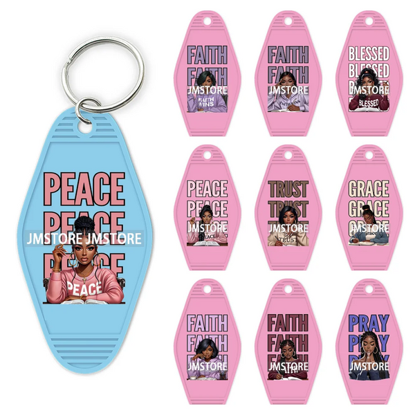 Afro Girls Faith Religious Christian UV DTF Motel Keychain Wraps Ready To Apply Waterproof High Quality Hotel Keychain Decals