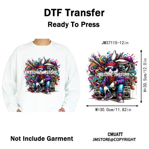 12in Cartoon Graffiti Streetwear Tiger Bunny Animal King Hip Hop Poster Iron on DTF Transfer Stickers Ready to Press for Hoodies