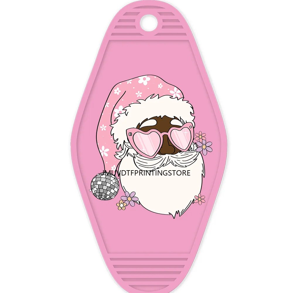 Pink Christmas Santa Claus High Quality WaterProof UV DTF Sticker For Motel Hotel Keychian  Merry Christmas Holiday