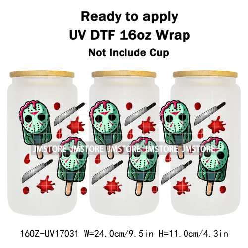 Ice Cream Halloween Killers Horror Characters UV DTF Stickers Ready To Apply Cup Wrap Custom Labels For 16OZ Libbey Can Glass