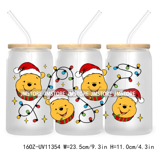 Cute Kids Cartoon Character With Christmas Lights Tree Xmas Holiday UV DTF Transfer 16OZ Libbey Glass Can Wrap Ready to Apply