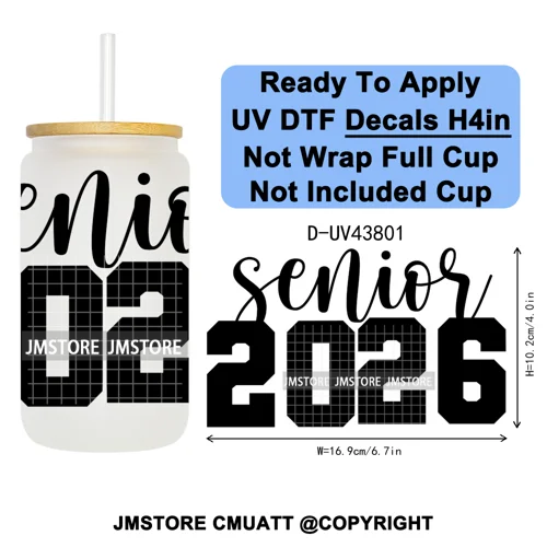 Fresh Class Of 2026 Senior Edition UV DTF Decals Ready To Apply Waterproof Transfer Stickers DIY Craft For 16OZ Libbey Glass Can