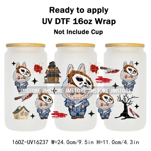 Laboo Horror Movie Characters Halloween 16OZ UV DTF Cup Wraps Ready To Apply Waterproof Transfer Stickers For Libbey Glass Can