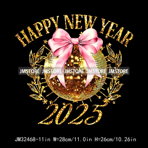 Colorful Faux Glitter Happy New Year Disco Ball Social Club Coquette Bow Iron On DTF Transfer Sticker Ready To Press For Clothes