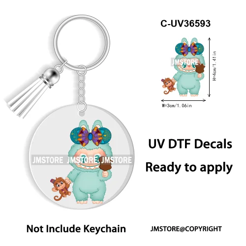 Coquette Bow Cartoon Monsters Doll In Costume Decal Round Keychain Ready To Apply UV DTF Transfer Stickers For Circle Keychain