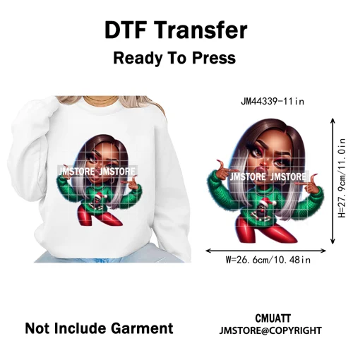 Cool African Melanin Girls Christmas Season Holiday Moody Iron on Washable DTF Heat Transfer Stickers Ready to Press for Hoodies