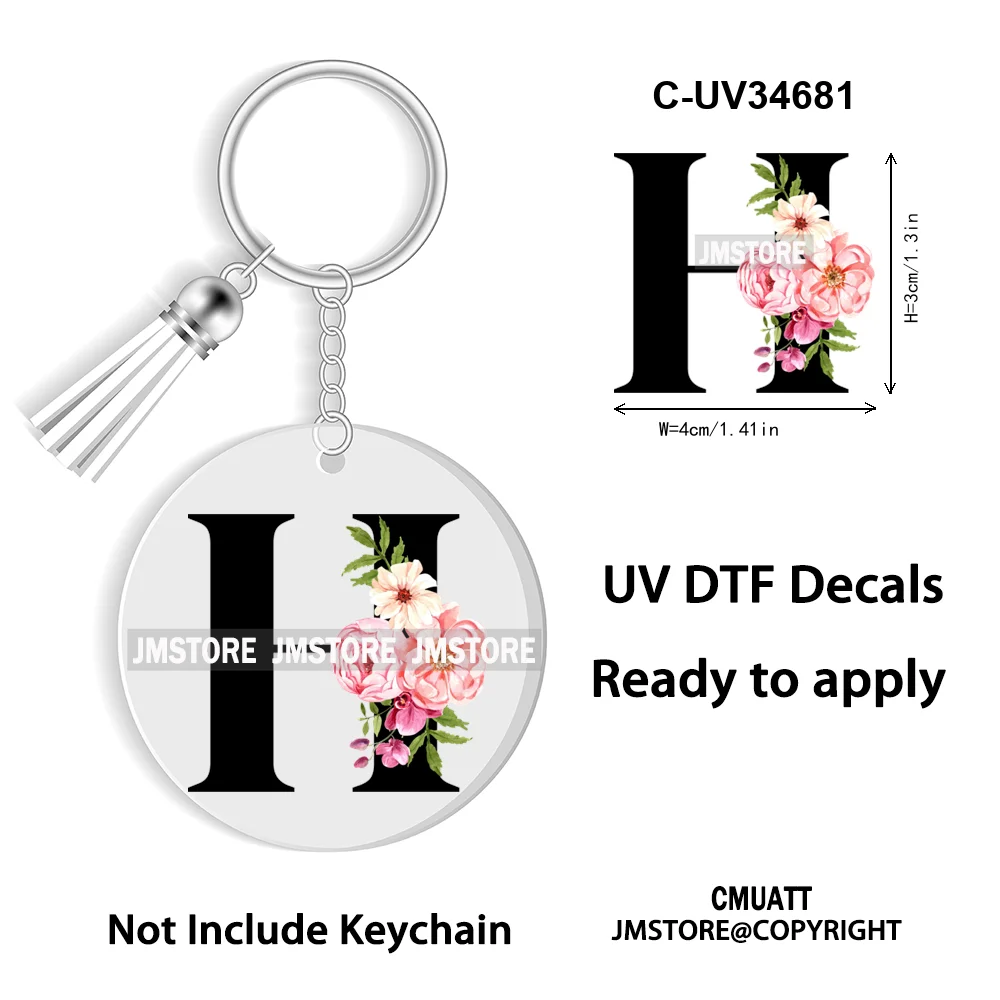 Floral Whole Entire Alphabet Flowers Black Letters Monogram WaterProof UV DTF Stickers For Round Circle Acrylic Keychain Keyring