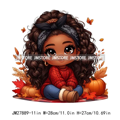 New Autumn Chibi Black Baby Girls Cartoon Afro Princess Pumpkin Fall Season DTF Iron On Heat Press Transfer Stickers For Hoodies