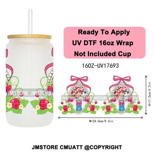90s Cartoon Strawberry Characters Coquette Bow 16OZ UV DTF Cup Wraps Ready To Apply Transfer Stickers For Libbey Glass Can Mugs