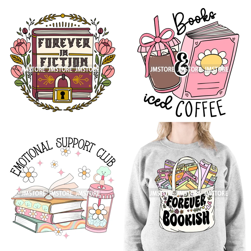 Funny Positive Quotes Forever Bookish Love Books Spicy Iced Coffee DTF Logo Iron On Transfer Stickers Ready To Press For Hoodies