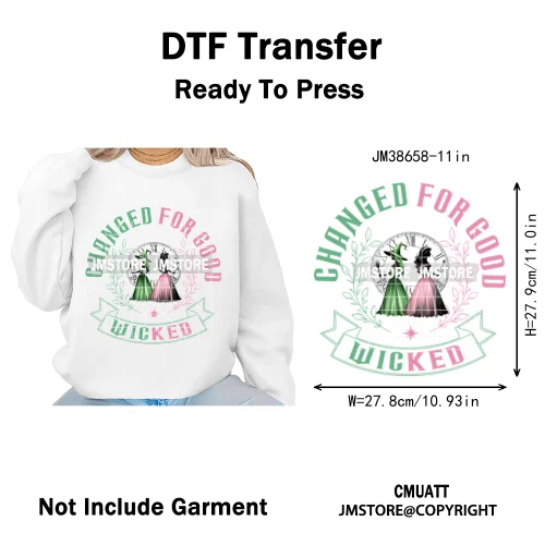 Witch Changed For Good Faux Glitter Pink and Green Movie Iron on DTF Washable Transfers Stickers Ready to Press for Clothes Bags
