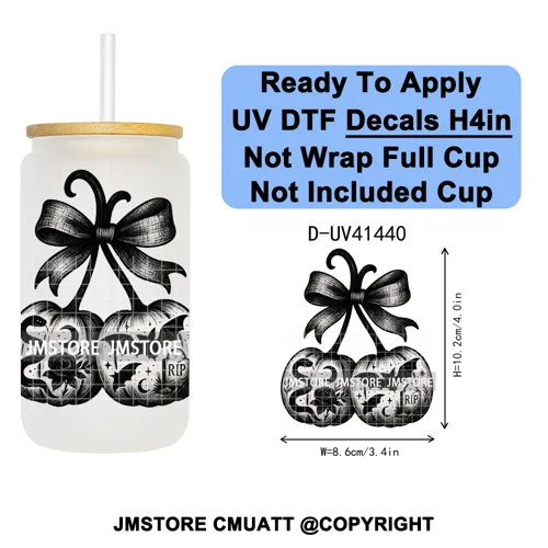 Highland Cow Horror Character Coquette Pumpkin UV DTF Decals Ready To Apply Durable Transfer Stickers For 16OZ Libbey Glass Can