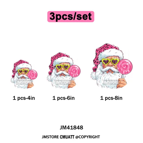 Pink Cartoon Glasses Coffee Drink Leopard Blowing Santa Claus Christmas Iron on DTF Transfer Stickers Ready to Press for T-shirt