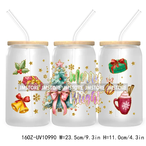 Coquette Glitter Holly Jolly Christmas Tree UV DTF Cup Wrap For Libbey Glass Can Transfer Stickers Waterproof Custom Labels Gift