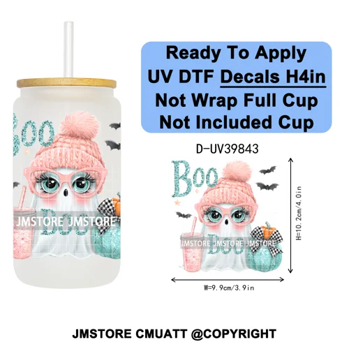 Girly Halloween Ghost Pumpkin Coffee Lover UV DTF Transfer Stickers Decals Ready To Apply Waterproof For 16OZ Libbey Glass Can