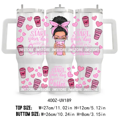 40OZ Tumbler Wrap Girl With Coffee UV DTF Cup Wraps Transfer Stickers Custom Labels Durable Waterproof Logo Pink Drinks Lady