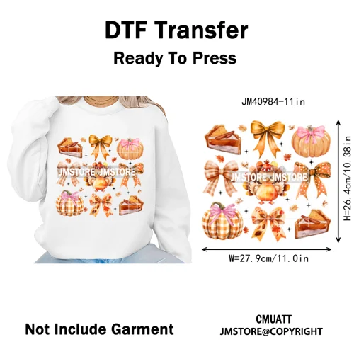 Trendy Give Thanks Coquette Gobble Turkey Bow Girly Fall Blessed Iron on DTF Heat Transfers Stickers Ready to Press for Clothing