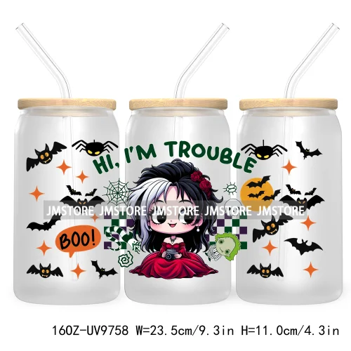 Halloween Double Trouble UV DTF Sticker For 16OZ Libbey Glass Cup Can Wrap Horror Princess Transfer Printing Custom Labels Logo