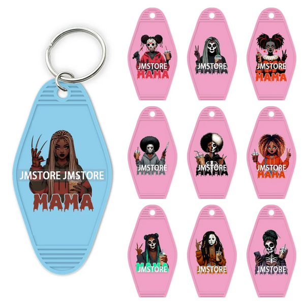 Black Girl Halloween Spooky Horror Mama UV DTF Motel Keychain Wraps Ready To Apply Waterproof High Quality Hotel Keychain Decals
