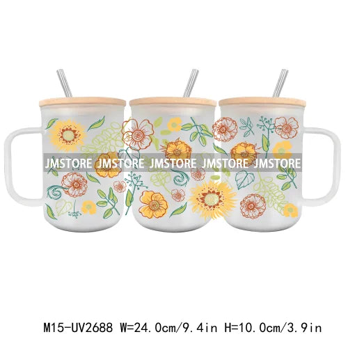 Floral Wildflowers Plants Butterfly UV DTF Glass Can Wrap For 15OZ Mug Coffee Cup Transfer Stickers DIY Custom Logo Labels