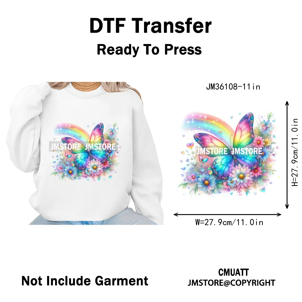 Colorful Sparkling Rainbow Butterflies Flowers Lovers Washable Iron on DTF Transfers Stickers Diy Ready to Press for Clothes