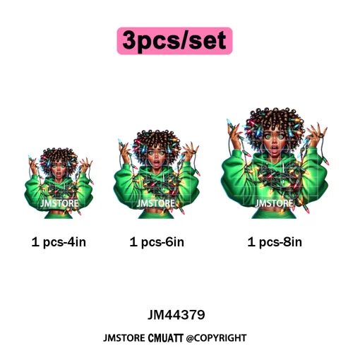 Sassy Afro Women Quirky Girls Santa Christmas Attitude Iron on Washable DTF Heat Transfers Stickers Ready to Press for Textiles