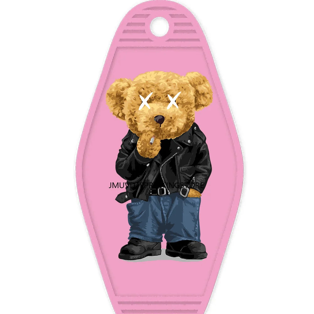 Cute Pink Teddy Bear Girl High Quality WaterProof UV DTF Sticker For Motel Hotel Keychain Brown Bears Baseball