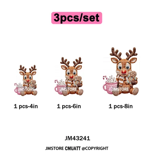 Hot Cocoa Coffee Lover Cartoon Faux Yarn Christmas Xmas Iron on Washable DTF Transfers Stickers Ready to Press for Sweatshirts