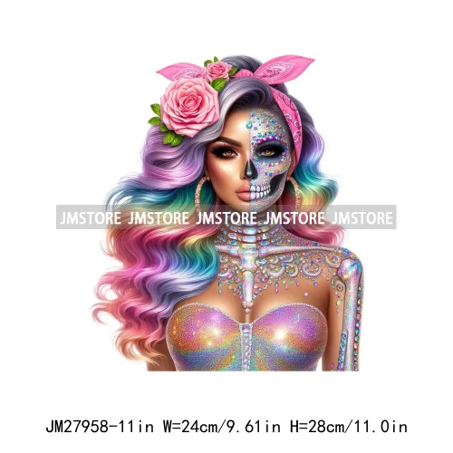 Raninbow Diamond Glamor Latina Skeleton Woman Rose Chicana  Earing Girls DTF Iron On Heat Press Transfer Stickers For Clothes