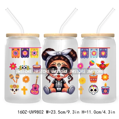 Day Of The Dead 16OZ UV DTF Cup Wrap Transfer Stickers Hispanic Chibi Baby Girl Custom Labels Waterproof For Libbey Glass Can