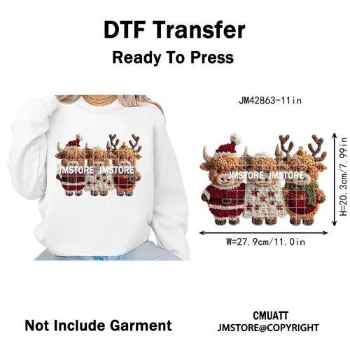 Faux Latch Hook Yarn Crochet Christmas Highland Cow Santa Iron on DTF Washable Transfer Stickers Ready to Press for Garment Bags