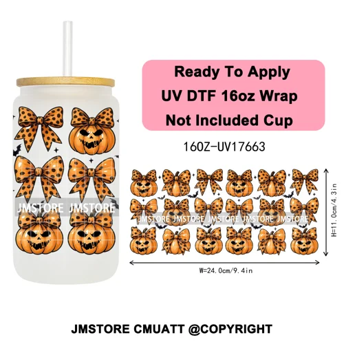 Halloween Fall Autumn Pumpkins Coquette Leopard Bow UV DTF Cup Wrap 16OZ Ready To Apply Transfer Stickers For Libbey Glass Can