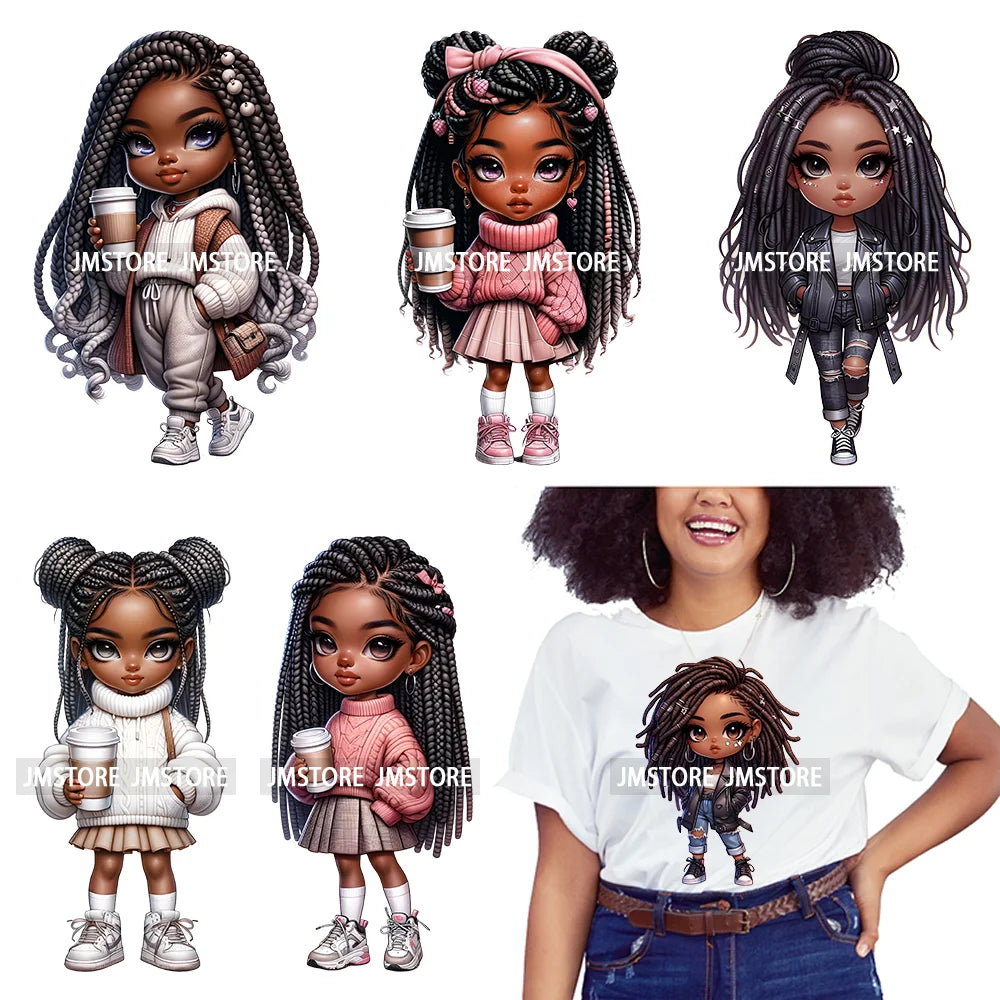 Dreadlocks Coffee Chibi Black Girls Pink Fashion African American Denim Girl Iron On DTF Heat Press Transfer Stickers For Shirts