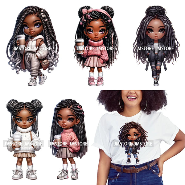 Dreadlocks Coffee Chibi Black Girls Pink Fashion African American Denim Girl Iron On DTF Heat Press Transfer Stickers For Shirts