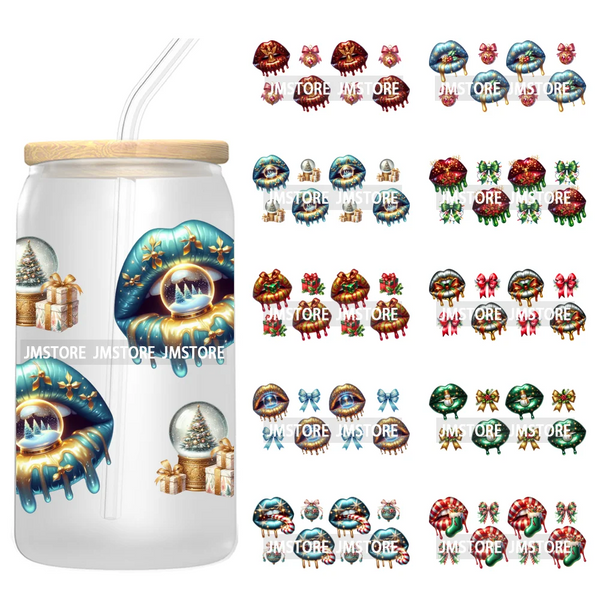 Coquette Bow Christmas Gift Lips UV DTF Stickers Xmas Season Candy Cane Ready To Transfer 16OZ Cup Wraps For Libbey Can Glass