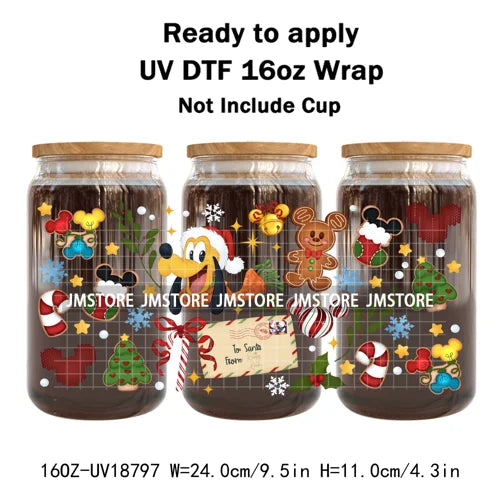 Cartoon Christmas Gingerbread Cookie 16OZ UV DTF Cup Wraps Ready To Apply Waterproof Transfer Stickers For Libbey Glass Can Mugs
