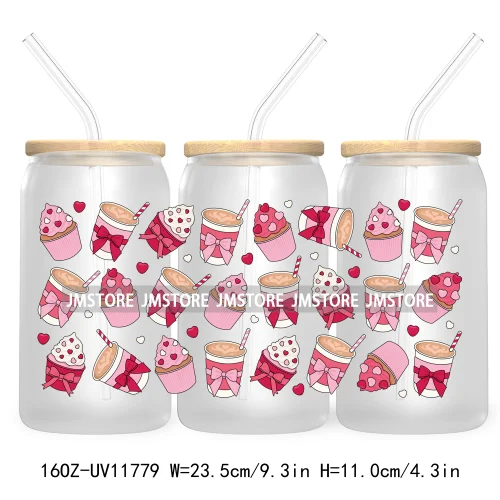 Trendy Girly Coquette Cherry Bow Valentines Gift Bears UV DTF Cup Wrap Transfer Stickers For 16OZ Libbey Glass Can Custom Logo