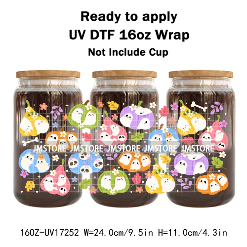 Floral Ghost Coquette Halloween Cherry Lip 16OZ UV DTF Cup Wraps Ready To Apply Waterproof Transfer Sticker For Libbey Glass Can