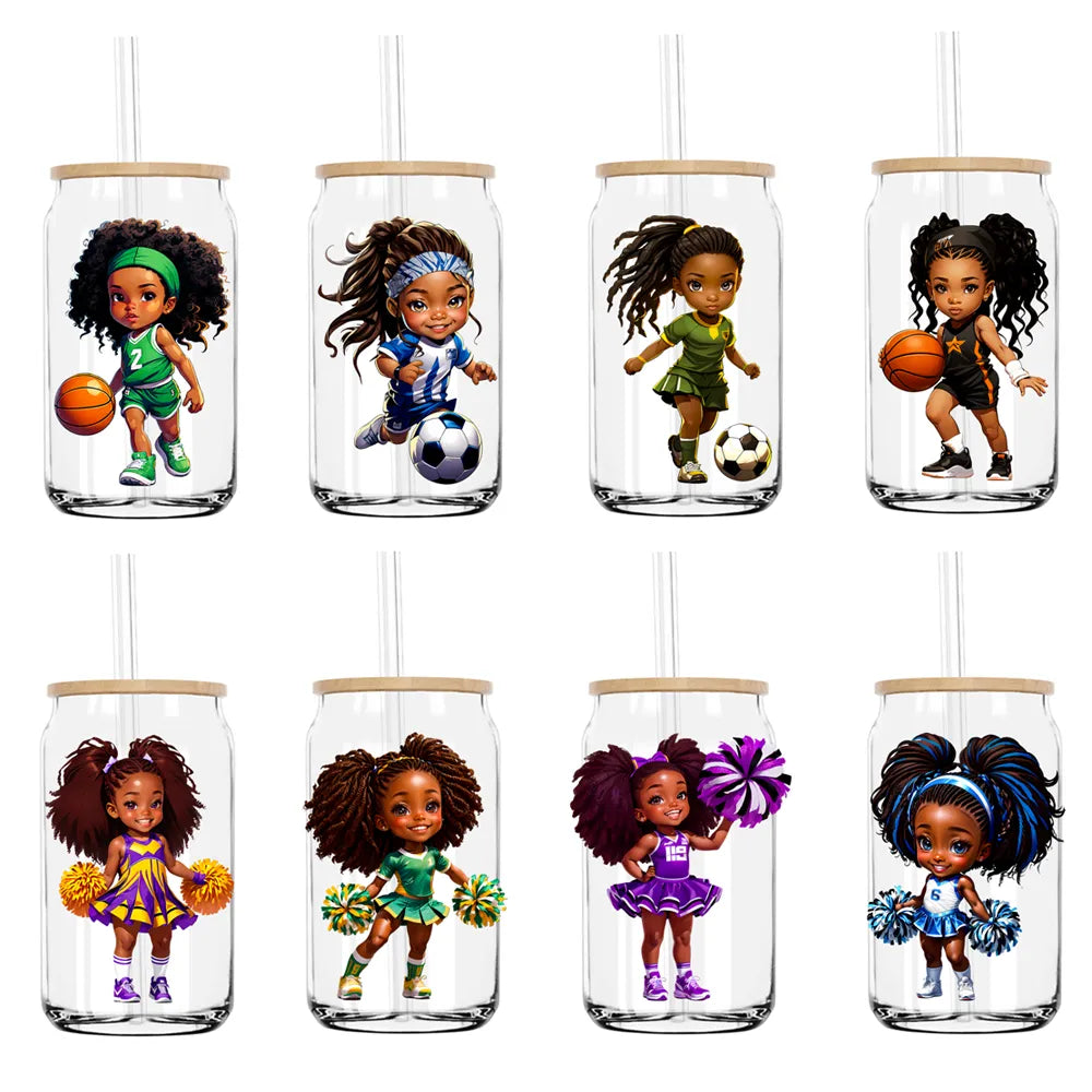 Afro Sport Girl Cheer Leader UV DTF Transfers Stickers Decals For Libbey Cold Cups Mugs Tumbler Waterproof DIY Craft