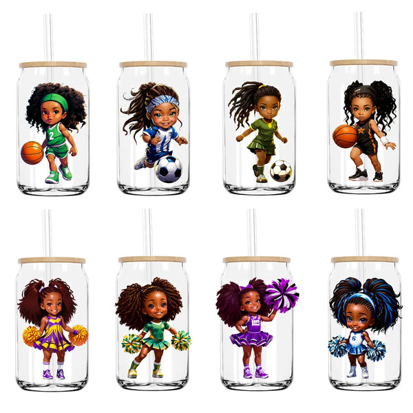 Afro Sport Girl Cheer Leader UV DTF Transfers Stickers Decals For Libbey Cold Cups Mugs Tumbler Waterproof DIY Craft